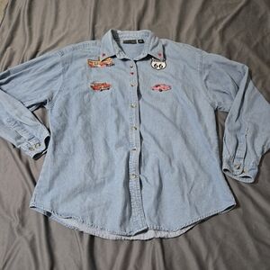 The National AG Inc Denim Long Sleeves Blouse Size XL Route 66 Patches Hot Rods